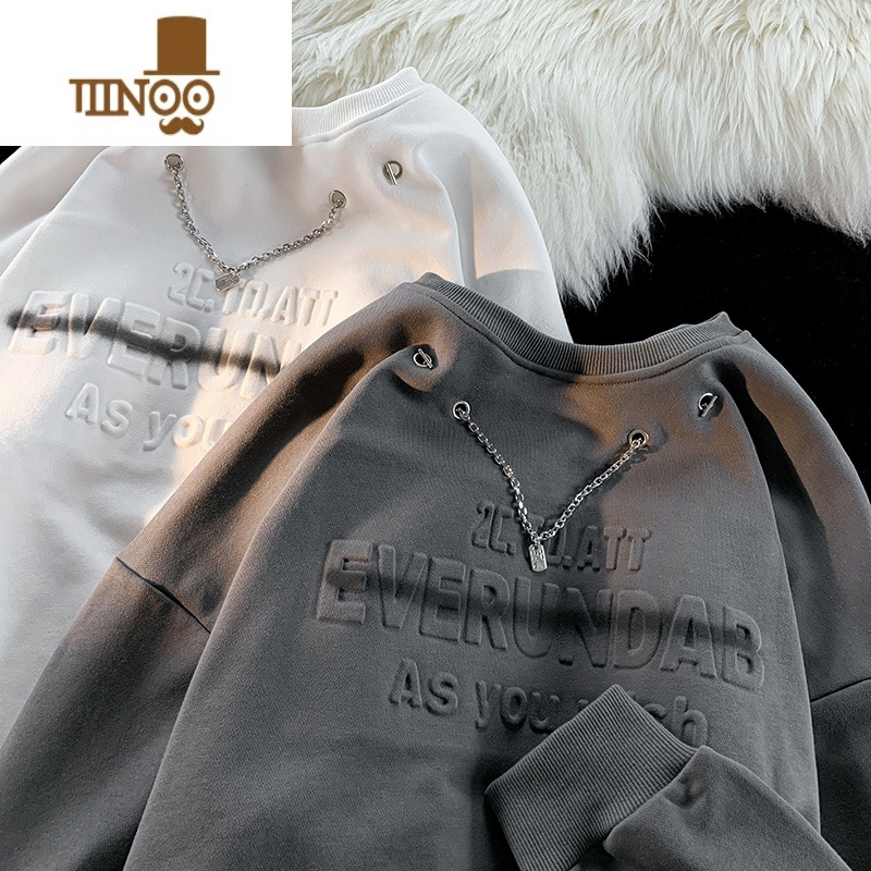 YANXU美式项链卫衣男潮牌字母压花设计小众情侣上衣复古宽松圆领套头字高清大图