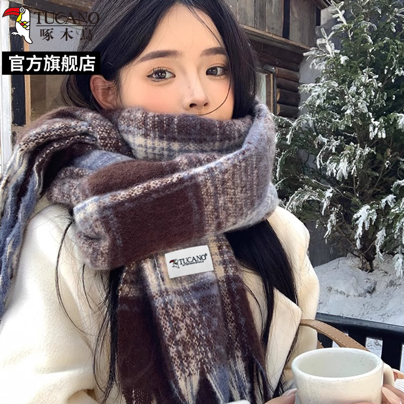 啄木鸟2024冬新款蓝咖格纹围巾女保暖高级感韩版复古百搭防寒围2高清大图