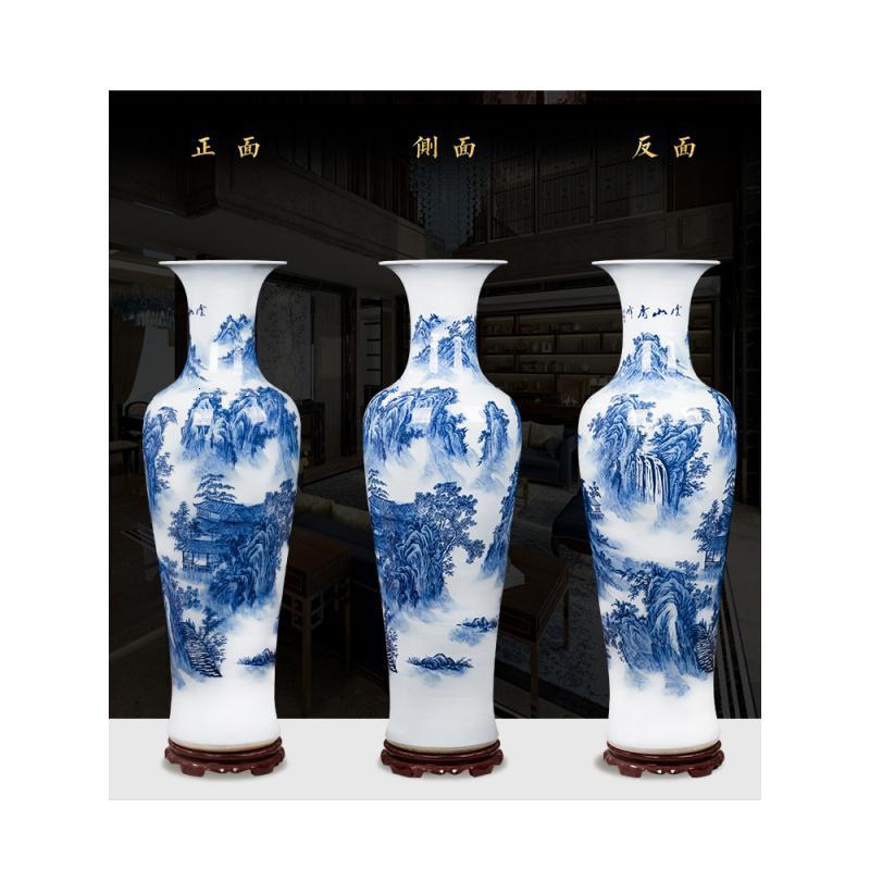 陶瓷特大号大口大花瓶摆件 客厅落地电视柜装饰品花瓶景德镇 三维工匠 青花瓷(1.6米)