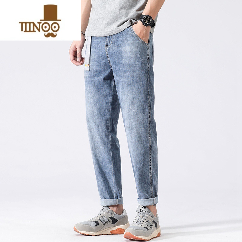YANXU美式高街裤子男士浅色牛仔裤男夏季薄款直筒宽松潮牌九分休闲小脚高清大图