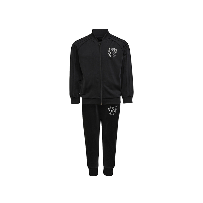 adidas originals 童装 Logo几何印花拉链夹克外套束脚运动裤运动套装 男童 黑色 HK9776