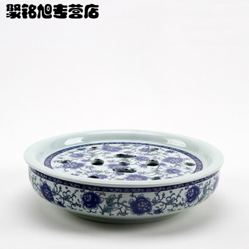 陶瓷茶盘 托盘中式 茶船圆形茶台茶座青花瓷功夫茶具茶盘储水双层茶托家居家用简约创意多功能水具