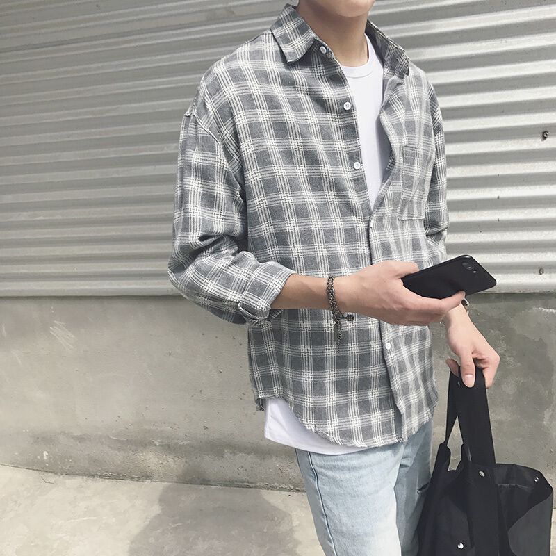 格子衬衫男长袖春秋韩版休闲宽松潮流帅气青少年寸衫男士衬衣