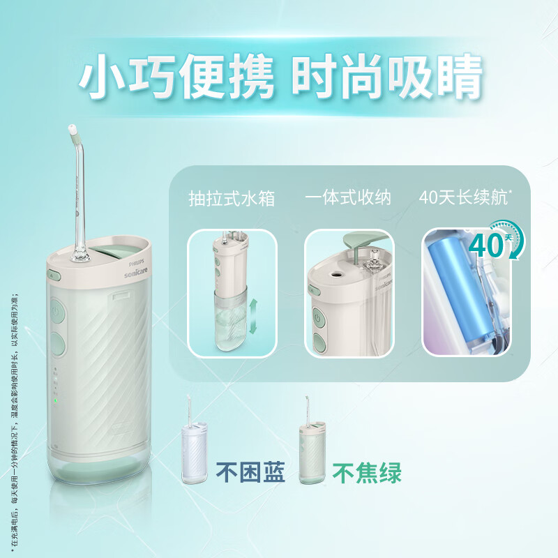 飞利浦(PHILIPS)[肖战推荐] 伸缩便携牙齿冲牙器洗牙器 情侣送男生/女友 含3款喷嘴HX3331/02不焦绿高清大图