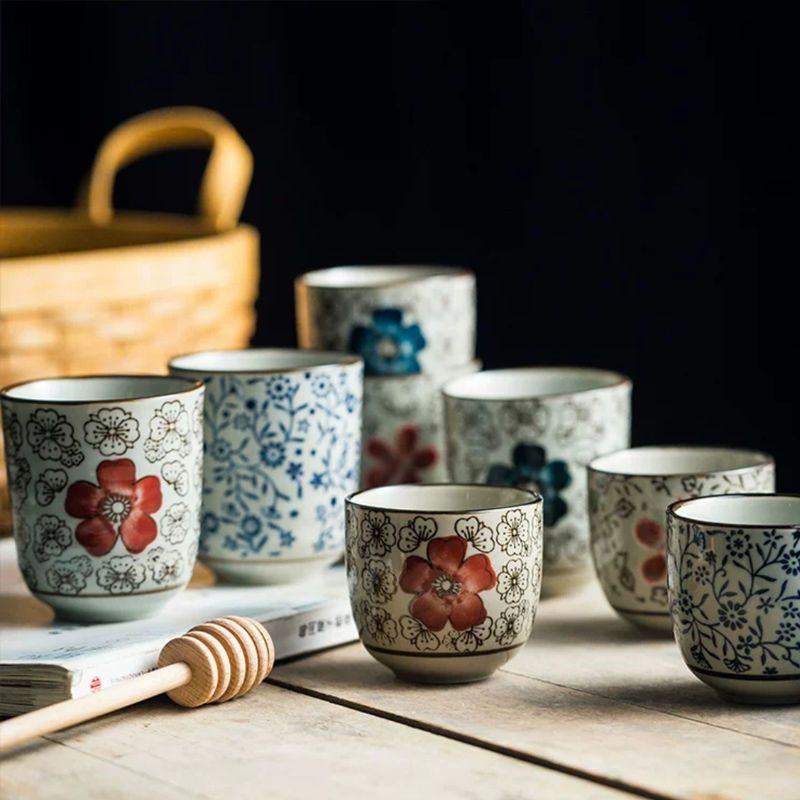 螺纹杯蓝富贵和风釉下彩陶瓷水杯复古家用随手杯居家杯子创意手绘