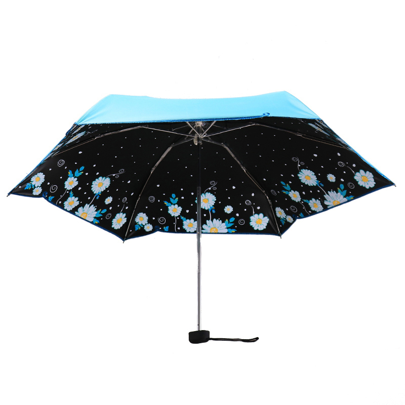 天堂伞全遮光碰击布黑胶丝印绣边五折口袋伞晴雨伞 50061DLCJ