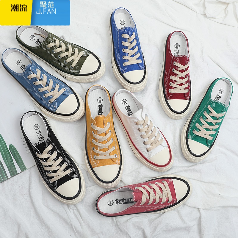 聚范帆布鞋半拖鞋无后跟一脚蹬懒人休闲板鞋韩版百搭潮男鞋小码男鞋子高清大图