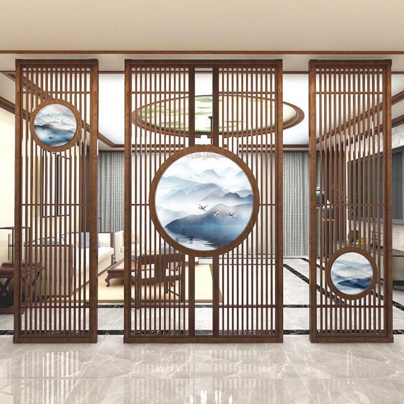 新中式屏风隔断客厅入户北欧栅栏轻奢风屏风实木镂空半透纱画座屏 定制120*200cm胡桃木 整装_569_236_380