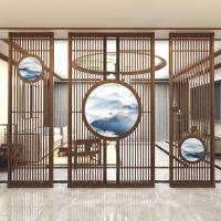 新中式屏风隔断客厅入户北欧栅栏轻奢风屏风实木镂空半透纱画座屏 定制120*200cm胡桃木 整装_569_236_380