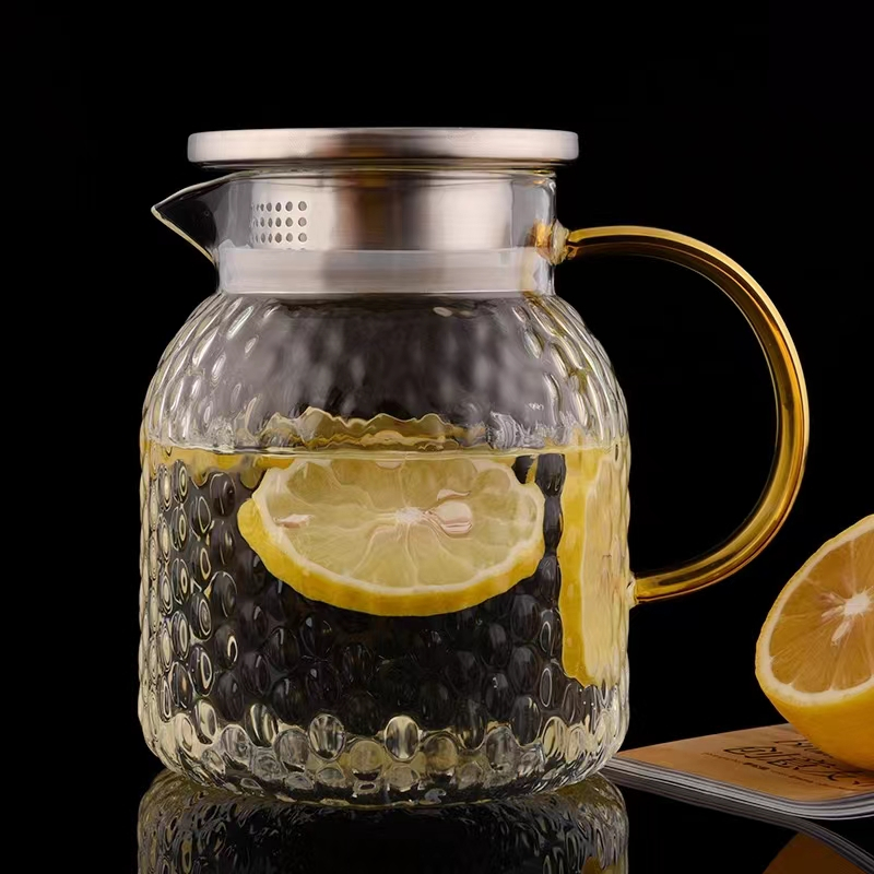 加厚玻璃水壶耐高温大容量装水瓶凉白开水杯冷水壶玻璃花茶壶家用 1500ML米粒纹钢盖壶耐热防爆 均码