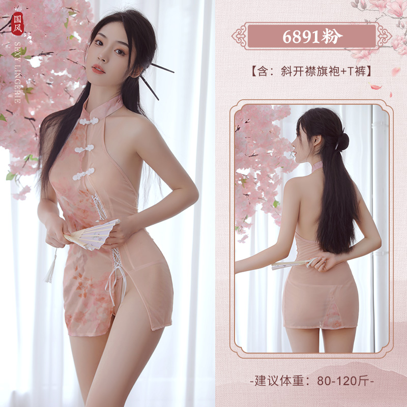 霏慕斜开襟印花透纱旗袍性感透明情趣内衣旗袍制服古风汉服女式情趣睡衣午夜魅力女士衣服成人用品6891 6891粉【斜开襟旗袍+T裤】 均码