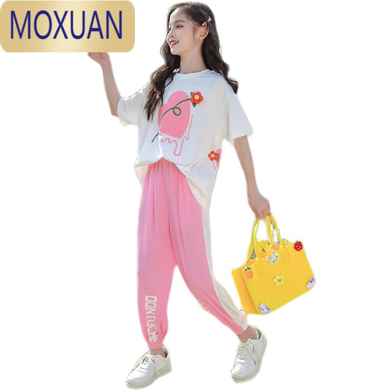 MOXUAN女童网红夏装短袖T恤洋气新款半袖套装中大童女装7夏季儿童装