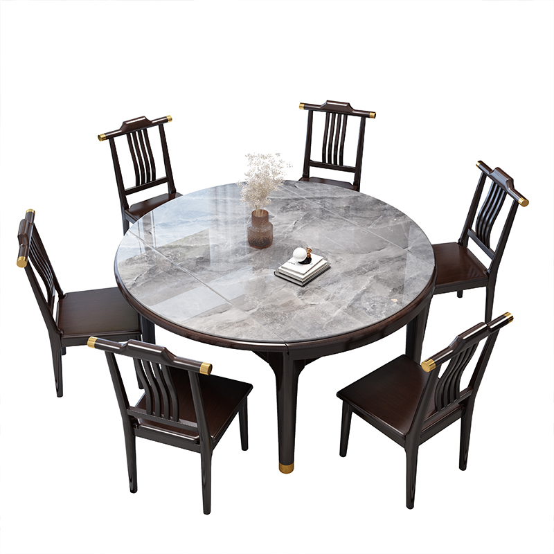 锦北 新中式岩板餐桌可折叠餐桌家用饭桌酒店大型宴会桌 1.2米一桌四椅