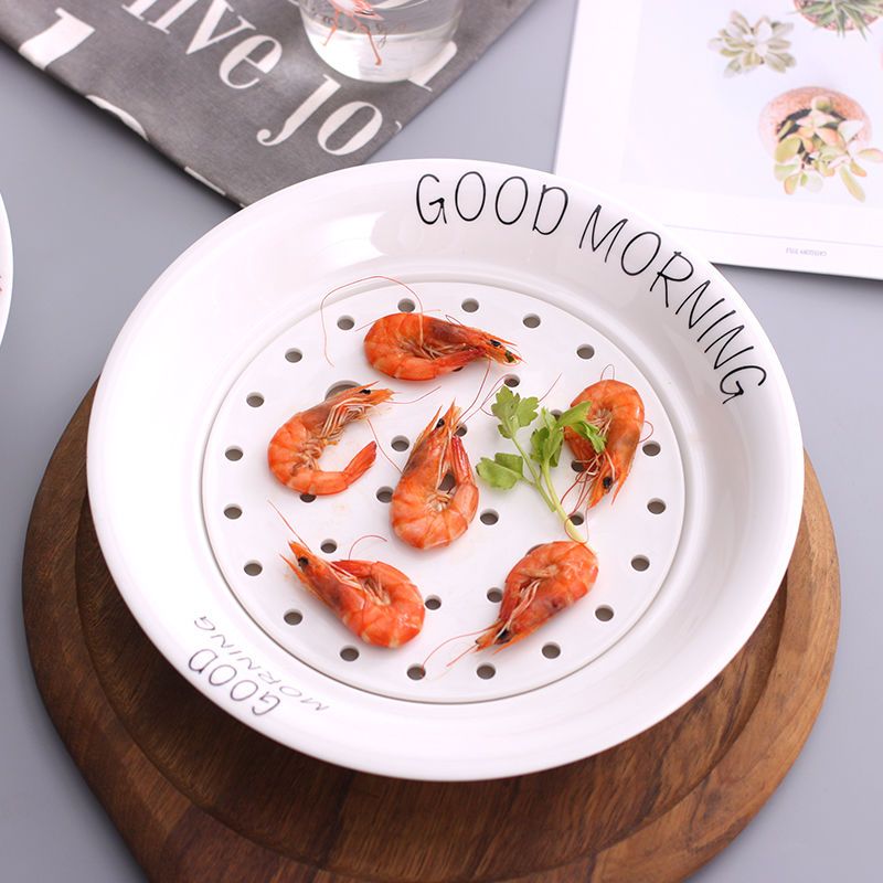 9寸子母盘纯白创意陶瓷饺子盘沥水双层瓷餐具家用圆形多用白色大号蒸