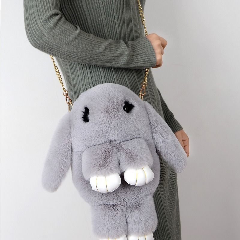 兔子包双肩背包女毛绒兔子包包斜挎儿童小背包女兔子单间斜挎包黑色