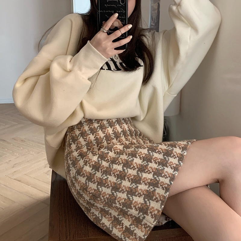 千鸟格毛呢半身裙女2021秋冬新款大码高腰短裙法式显瘦包臀a字裙