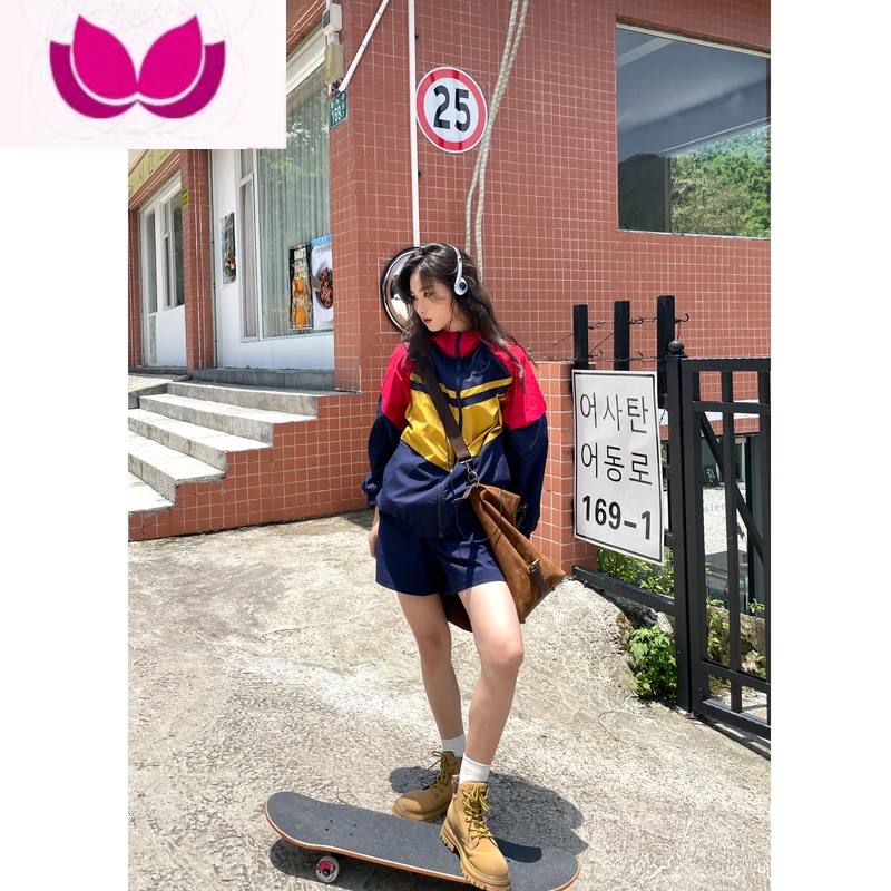 七斓 运动风撞色外套短裤套装女宽松休闲卫衣阔腿裤套春高清大图