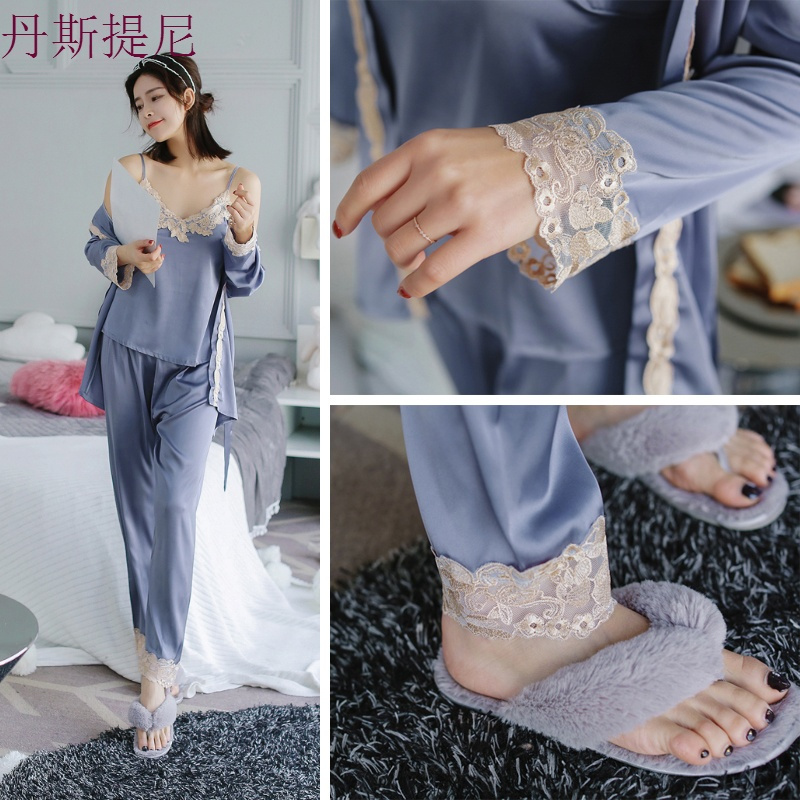 睡衣女春秋三件套装夏女士真丝绸性感带冰丝长袖薄款家居服秋季