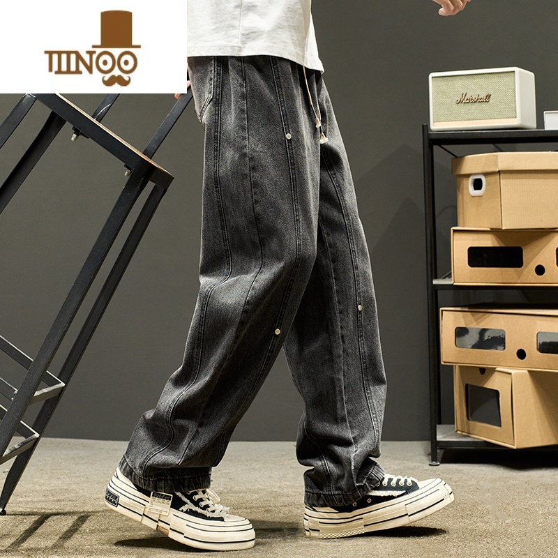 YANXU牛仔裤男美式复古水洗做旧黑色直筒裤宽松拼接工装裤子潮牌款高清大图