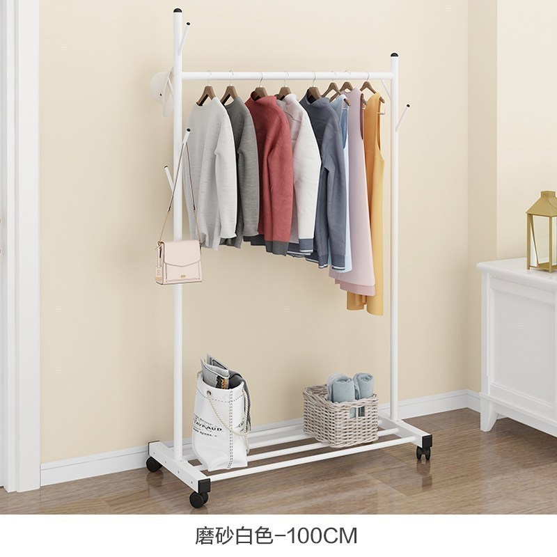 汐岩仿实木衣帽架挂衣架落地卧室少女单杆式宿舍大挂衣服架子家用 100磨砂白-送轮