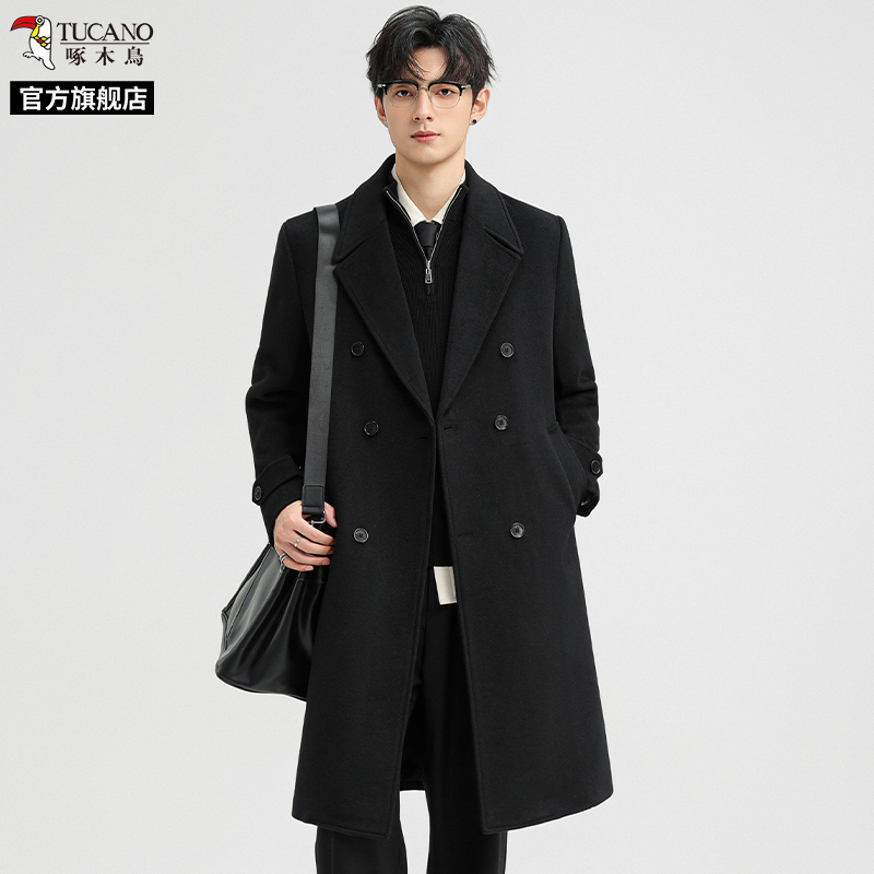 啄木鸟毛呢大衣男中长款2025冬季新款风衣加厚羊毛双排扣呢子外长高清大图
