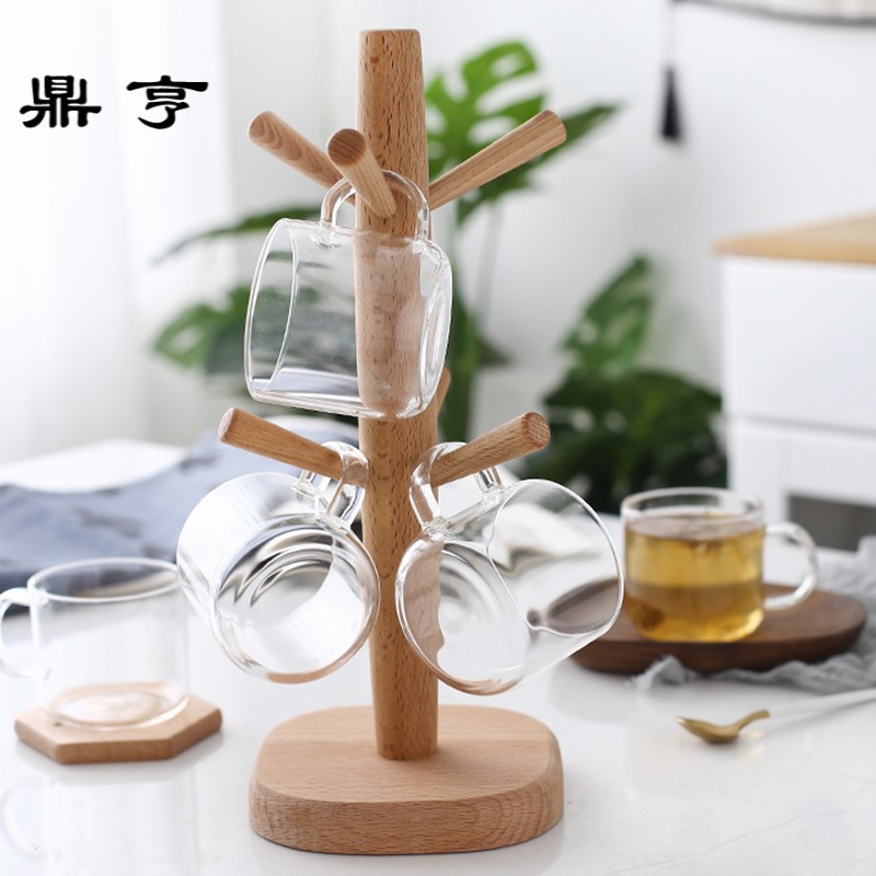 鼎亨透明玻璃杯套装带木架 家用水杯茶杯 耐热花茶杯 客厅杯子喝