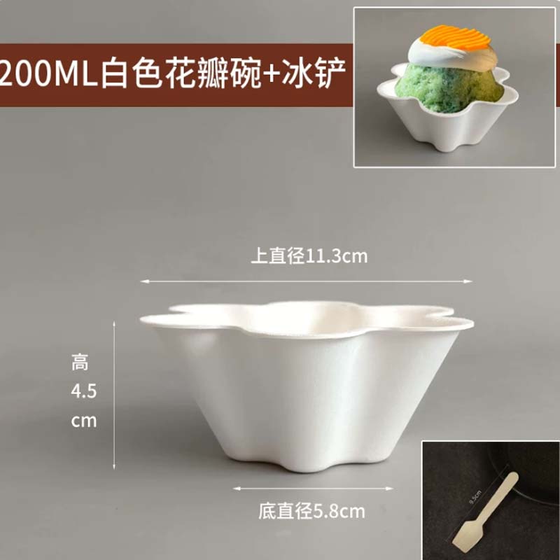 一次性碗 200ml白色花瓣碗+桦木冰铲(100套)高清大图