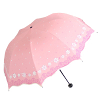 天堂伞 百花公主黑胶丝印包波浪边三折蘑菇晴雨伞太阳伞 33235E
