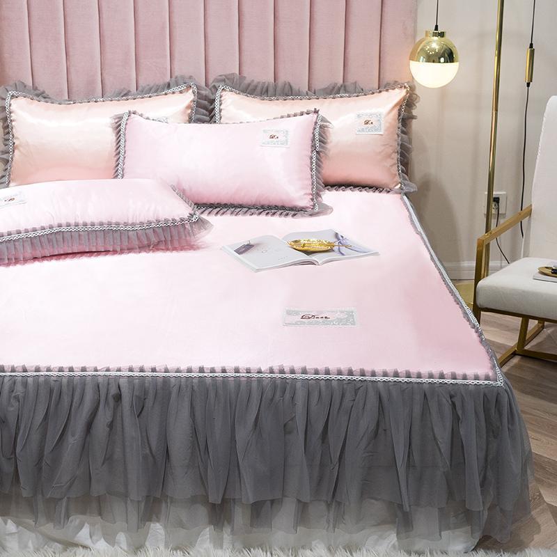 家柏饰(CORATED)冰丝凉席床裙款空调软席子三件套可水洗机洗折叠夏季1.5米1.8m2.0 戴安娜-水粉 1.2m（4英尺）床