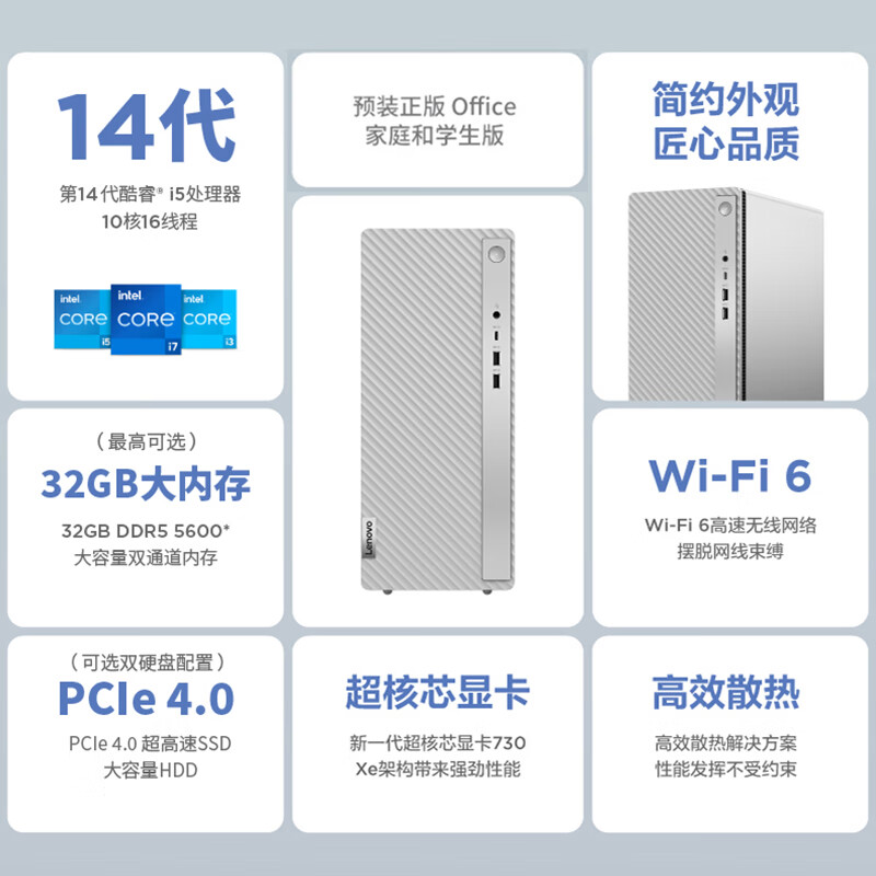 联想(Lenovo) 天逸510Pro 台式电脑主机(酷睿 i5-14400 16G DDR5 1T SSD固态 Wifi Win11 键鼠)大机箱商务办公家用娱乐高清大图