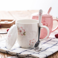 瓷魂 创意尚花马克杯带盖勺情侣立体水杯子陶瓷杯简约牛奶咖啡杯办公室 樱花杯 白色