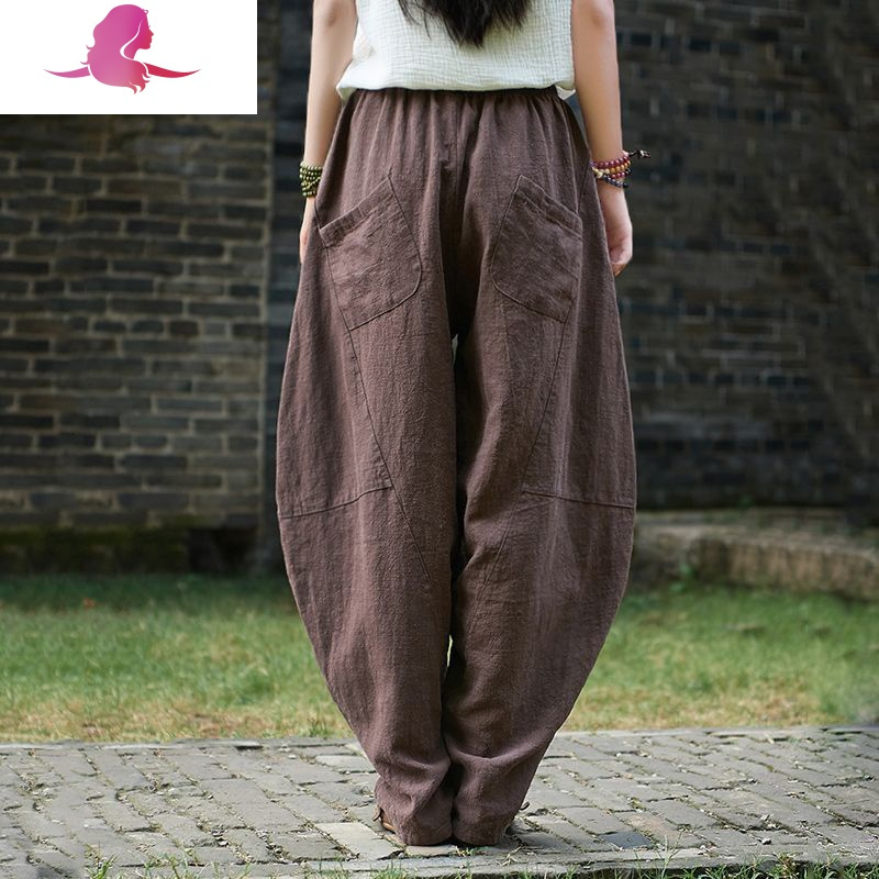 灯笼裤女春秋复古宽松阔腿哈伦裤民族风亚麻裤松紧腰休闲长裤休闲裤