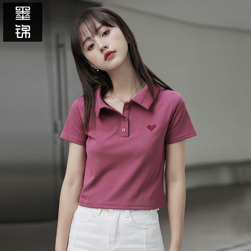 墨锦高腰短袖t恤女刺绣爱心小个子小众正肩翻领polo衫短款上衣夏视频