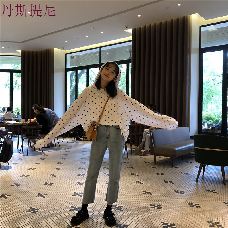 秋装女装韩版休闲宽松波点连帽薄款套头卫衣中长款长袖上衣外套潮