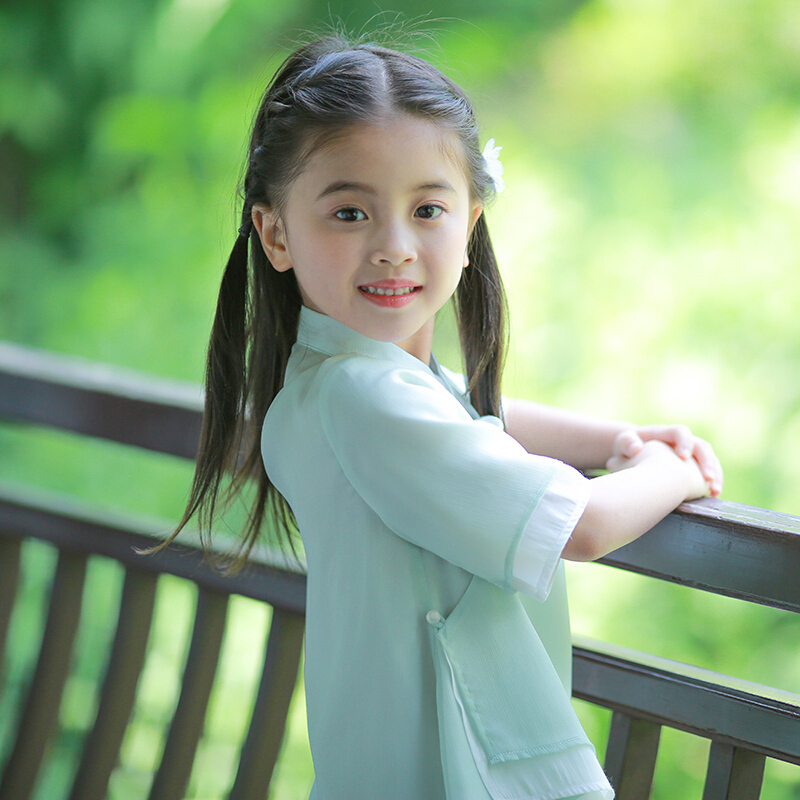 女童汉服中国风夏宝宝汉服女童套装儿童唐装民国风童装绿荷yy