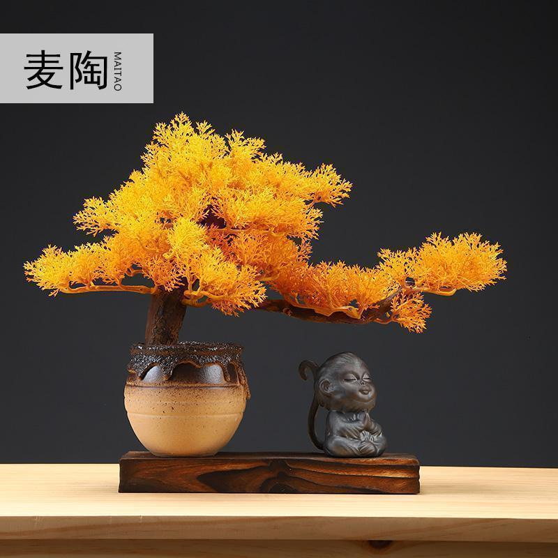 新中式仿真盆景家居摆件客厅玄关软装装饰禅意盆景样板间饰品_214