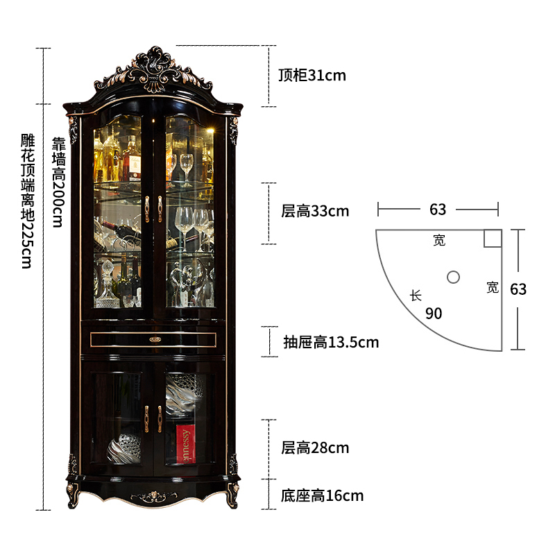 森美人欧式角柜 实木墙角柜拐角柜转角酒柜置物架客厅边柜 三角柜子 黑檀色【王者顶冠款】描金市场新秀现货组装