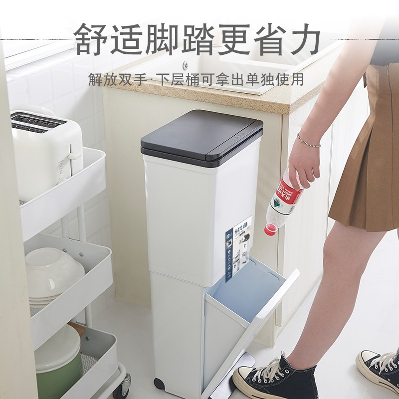 创世人 双层干湿分离垃圾分类垃圾桶家用厨房垃圾桶带盖大号厨余脚踏塑料拉圾筒带盖创意智能感应垃圾桶三分类高清大图