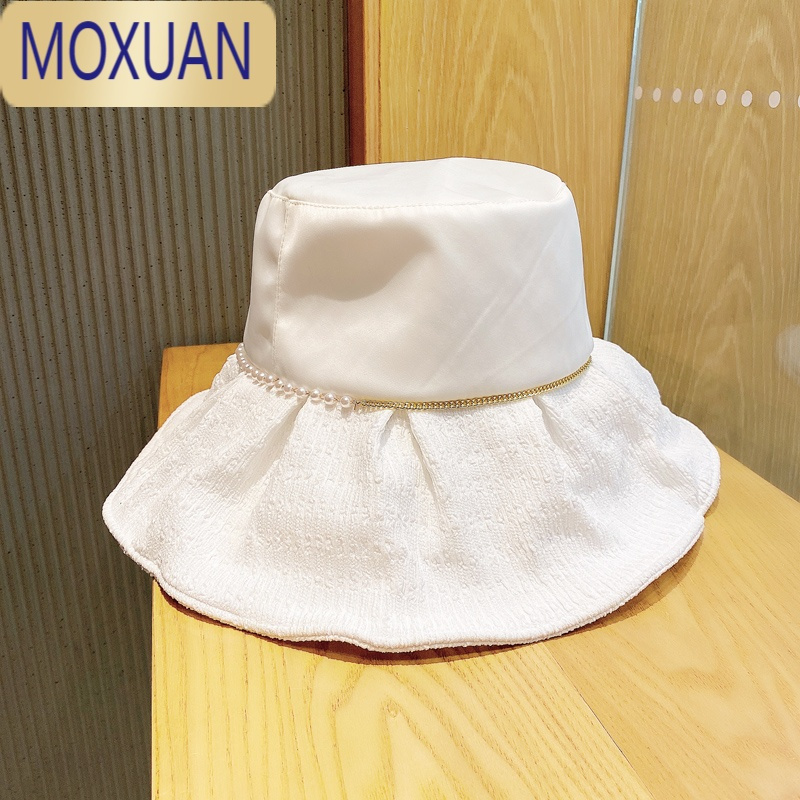 moxuan珍珠帽子太阳帽春秋女可折叠白色显脸小渔夫帽透气遮脸防晒遮阳