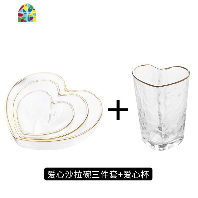 燕窝碗甜品碗盅心形水晶碗锤纹金边玻璃碗家用可爱爱心沙拉碗料理 FENGHOU 心形碗[三件套]+心形杯