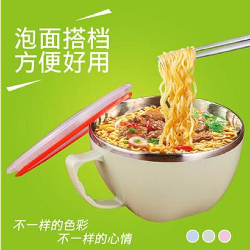304不锈钢学生泡面碗三种颜色随机发 塑料韩式900ML大号泡面杯双层带盖保鲜防烫大容量