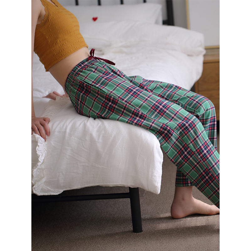 hlcoman睡裤男女春夏磨毛棉棉格子家居裤情侣款女士休闲长裤外穿女