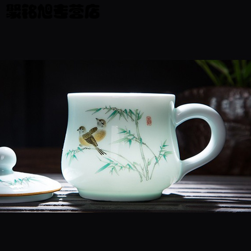 青瓷陶瓷泡茶杯子带盖过滤办公杯 马克杯个人杯喝水杯茶杯瓷杯家用喝水杯子新款创意杯子喝水杯家用陶瓷杯