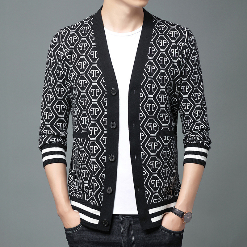 秋季男士毛衣外套潮流时尚商务休闲外穿线衣图案披肩长袖开衫男装