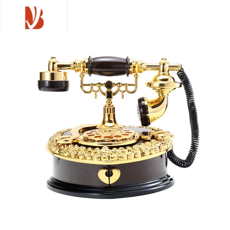 三维工匠复古老式拨盘心型电话机八音盒欧式电话收纳音乐盒酒吧咖啡厅摆件 电话音乐盒白金色图片