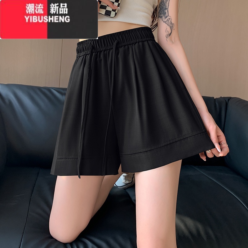 YIBUSHENG大码红色冰丝运动短裤女季薄款胖mm宽松显瘦五分a字阔腿休闲裤高清大图