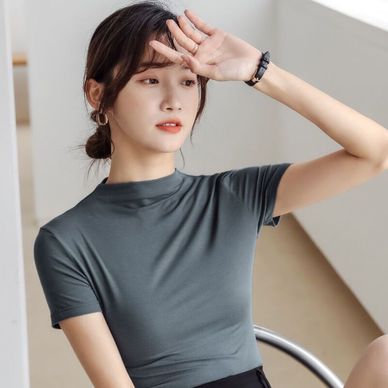 爱依莲莫代尔短袖t恤女夏季薄款紧身显瘦打底衫气质半高领上衣视频