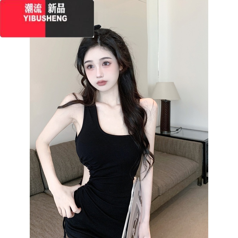 YIBUSHENG斜肩吊带连衣裙女季不规则开叉包臀裙纯欲辣妹性感别致收腰裙子