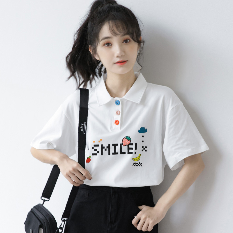 2021新款日系可爱学院风少女polo衫学生翻领白色t恤上衣带领短袖 白色