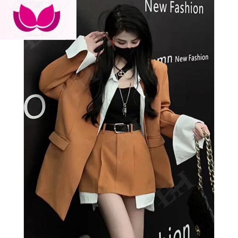 七斓欧货潮牌职业套装女春高级感韩版拼接西装外套高腰休闲裤裙套高清大图